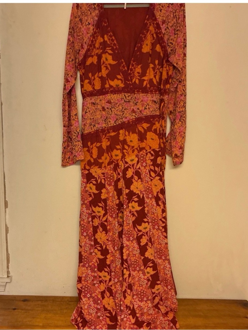 Free People Rust and Pink Floral Wrap Maxi Dress